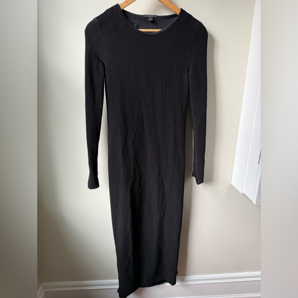 COS Midi Ribbed Black Dress Fall Minimalist Long Sleeve Goth Neutral Winter XS